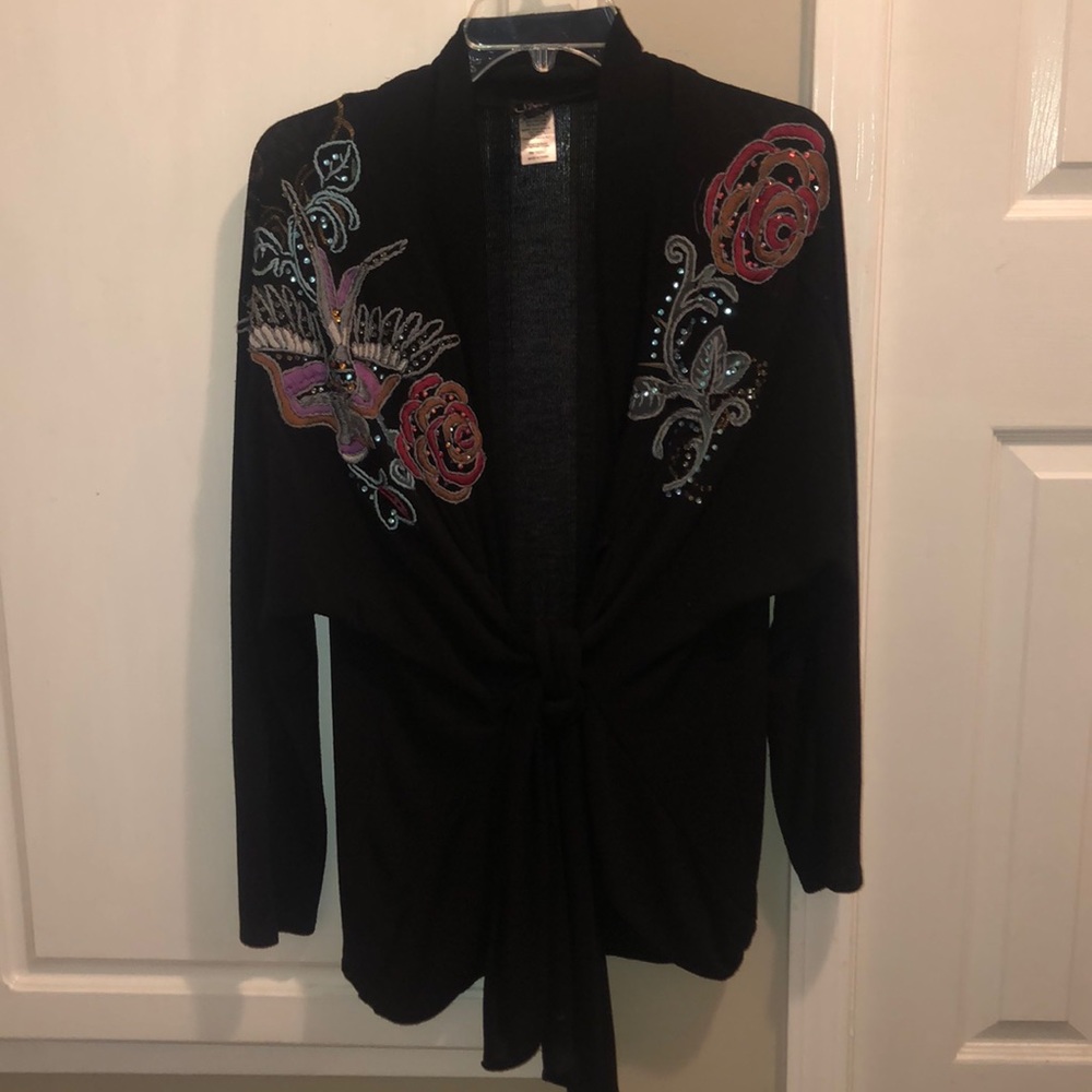 Front Tie Black Cardigan with Design 🖤